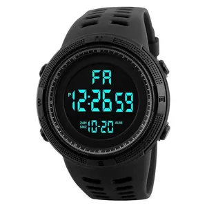 Close-up front view of black mens digital sports watch with large backlit LED display