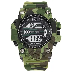 Close-up of camo green outdoor sports digital watch with water-resistant display