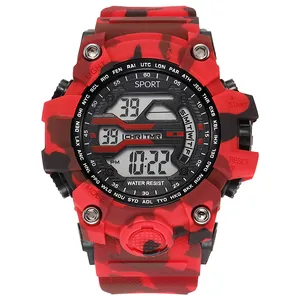 Detailed view of a red camouflage digital sports watch for men with waterproof design