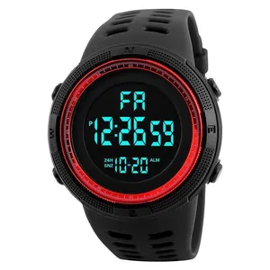 Men's digital sports watch featuring a large LCD display and red bezel accent ring