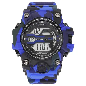 Close-up of blue camouflage digital sports watch with rugged water-resistant design