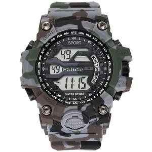Macro detail of tactical camouflage digital sports watch showing multi-function world time dial