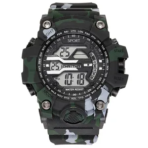 Close-up detail of camouflage waterproof digital sports watch with rugged case