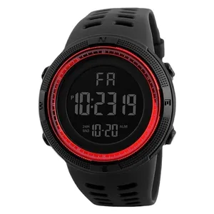 Multifunctional black men's digital sports watch featuring a large display and red bezel