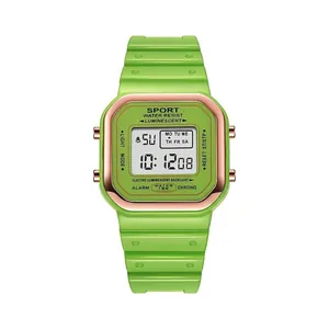Neon green square digital sports watch featuring rose gold bezel and clear LCD display