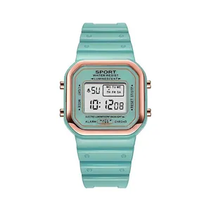 Stylish minimalist square digital sports watch featuring a teal strap and elegant rose gold bezel