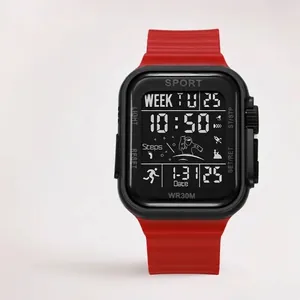 Teenager Digital Sports Watch Professional Outdoor Waterproof Watch Multifunction Timer Luminous LED Wristwatch Square Case Silicone Band