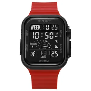 Multifunctional waterproof sport digital watch for teens with red silicone strap