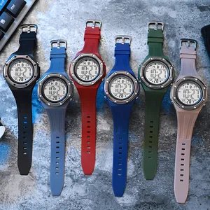 Collection of multi-functional digital sports watches for men in vibrant different colors
