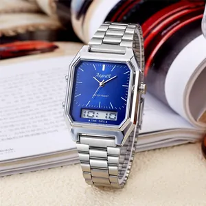 Reloj Aegean para Hombre Negocios Retro Pantalla Dual Cuarzo Digital Correa de Aleación Rectangular Impermeabile Moda