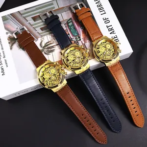 Relojes de cuarzo tipo esqueleto para hombre con correas de cuero en tres colores.