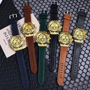 Colección de relojes de cuarzo esqueleto para hombre con elegantes cajas doradas.