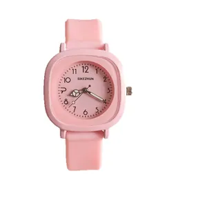 Minimalistische rosa Studentenquarzuhr mit Silikonarmband und abgerundetem Zifferblatt