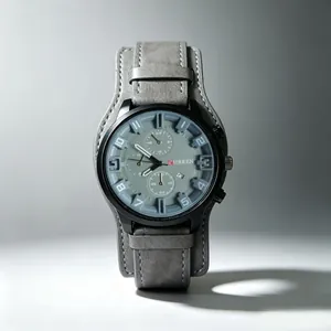 Militär-Quarzuhr für Herren mit breitem grauem Lederarmband und großem Zifferblatt