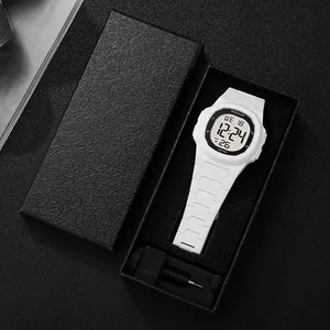 Close-up of white SIKEZHUN digital outdoor sports watch in premium black gift box