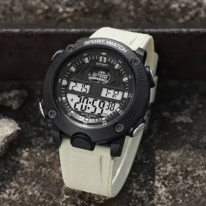 Detailed close-up of a rugged digital sports watch featuring a black dial and beige strap