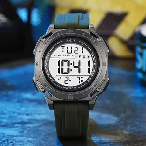 Detailed view of a rugged military green digital watch with a gray octagonal case