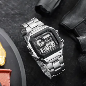 Detailed shot of men's digital watch with silver steel strap and world map display screen