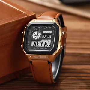 Primer plano de un reloj deportivo digital cuadrado con correa de cuero marrón