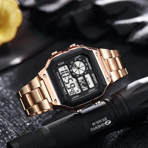 Detailed view of men's rose gold square digital watch with LED display and steel band