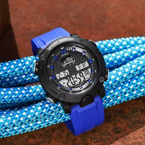 Detailed view of black and blue outdoor sports digital watch on a rope