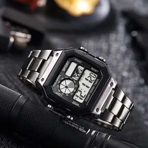Detail view of square digital watch with stainless steel strap and world map display