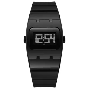 Front view of a sleek black square digital watch with a durable silicone strap
