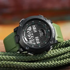 Detail view of waterproof digital sports watch with green strap on braided rope