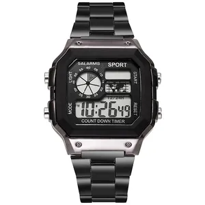 Detailed view of black square digital watch face showing functions and steel band