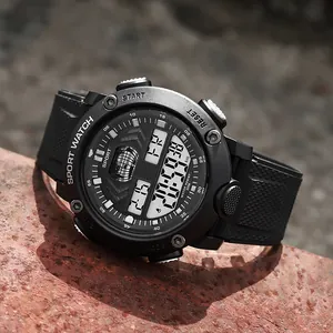 Detailed close-up view of a rugged black digital sports watch with multiple functions