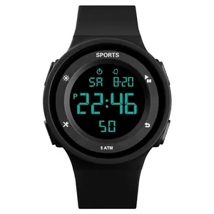 Sleek black digital sports watch with luminous screen and 5 ATM water resistance.