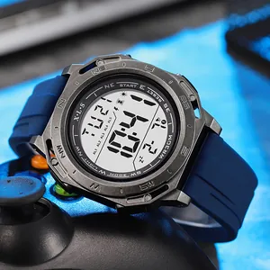 Close-up of multifunctional digital sports watch with navy blue strap and LED display