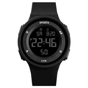 Frontal view of a black waterproof digital sports watch with a clear numeric display