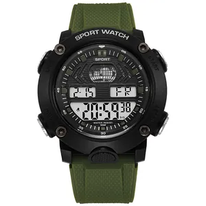 Rugged military digital sport watch with green silicone strap and waterproof dial