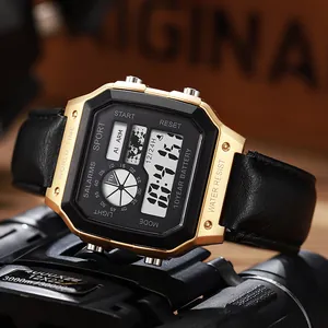 Primer plano de reloj deportivo digital dorado con correa de cuero negro y mapa mundial