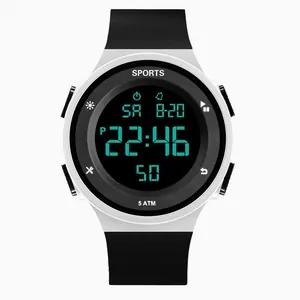 Minimalist digital sports watch with waterproof casing and vibrant cyan LED display