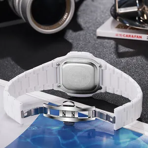 Close-up of the stainless steel back on a minimalist white digital sports wrist watch