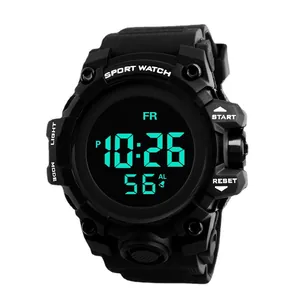 Professional black waterproof digital sports watch with luminous display and rugged outdoor design