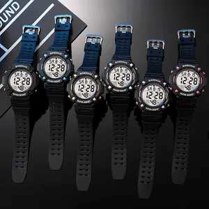 Detailed macro view showcasing multiple color options of multi-functional digital sports watches