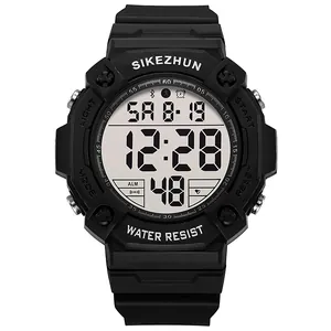 Rugged black multi-functional digital sports watch with waterproof and luminous display