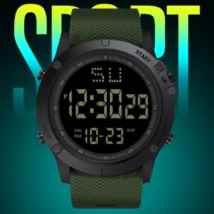 Close-up of military green digital sports watch with date and alarm display