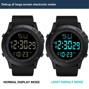 Digital sports watch detail showing normal display and bright blue LED backlight mode.