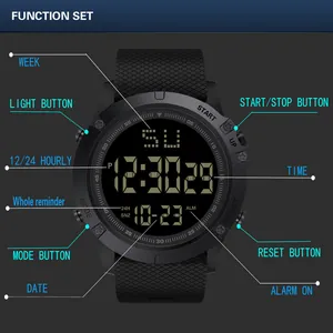 Detail view of men's digital sports watch showing function set and large LED display