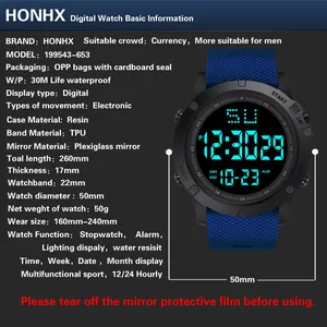 Detailed specifications of the HONHX men's digital sports watch with 50mm dial