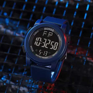 Blue waterproof digital sports watch with luminous display and large black dial face