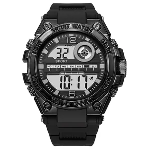 Montre numérique de sport étanche noire robuste avec grand cadran et affichage lumineux