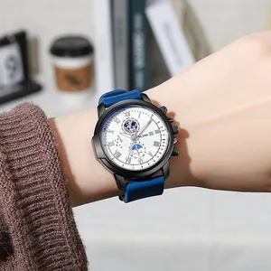 Reloj de cuarzo multifunción para hombre con correa de silicona azul