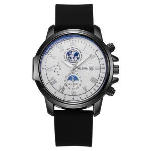 Reloj de cuarzo multifuncional para hombre con correa de silicona negra y esfera plateada