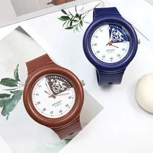 Minimalist student sports quartz watch with large dial and silicone strap, blue and brown