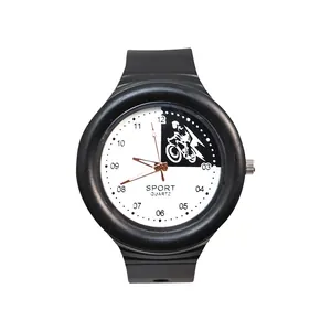 Fashionable analog sport watch with a unique black and white bicycle themed large dial